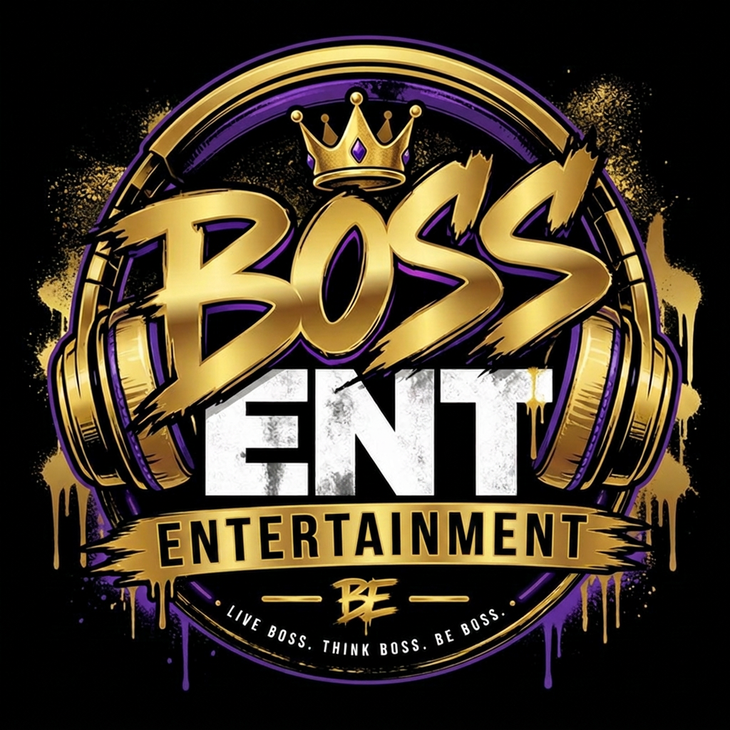 BOSS ENT gold crown and purple headphones graffiti logo